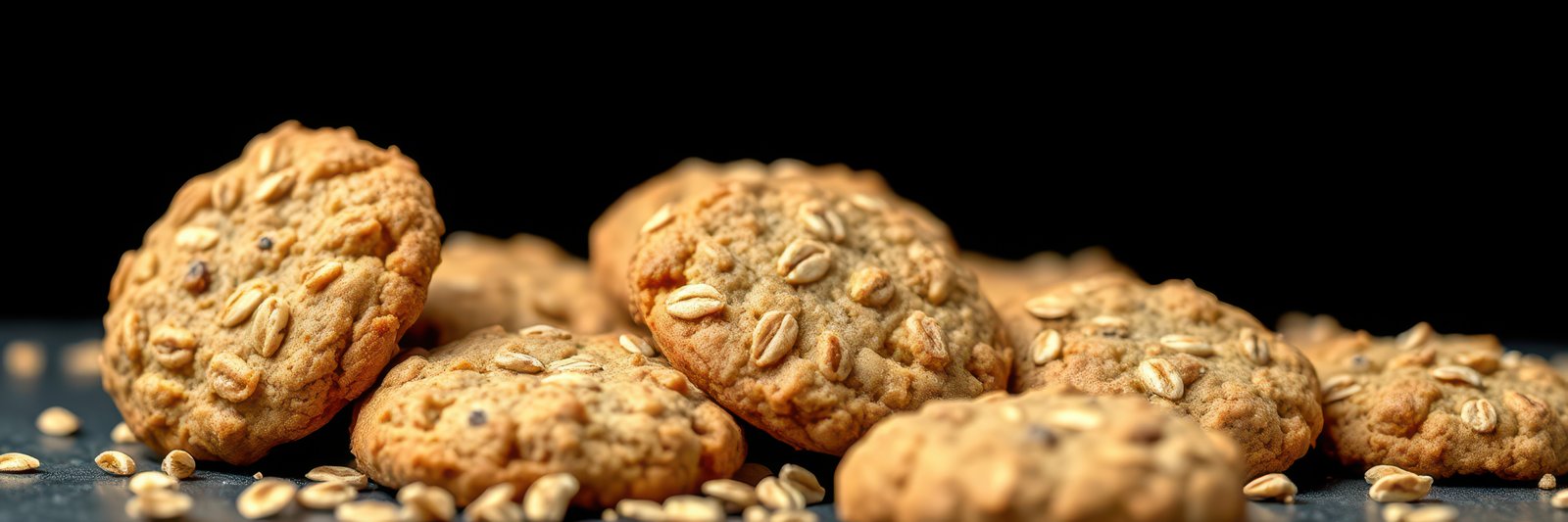 Oatmeal cookies arranged on a dark surface with scattered oats, showcasing a delicious homemade treat